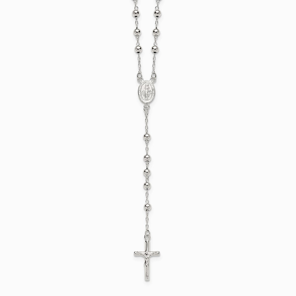 Sterling Silver Polished and Beaded Rosary Necklace
