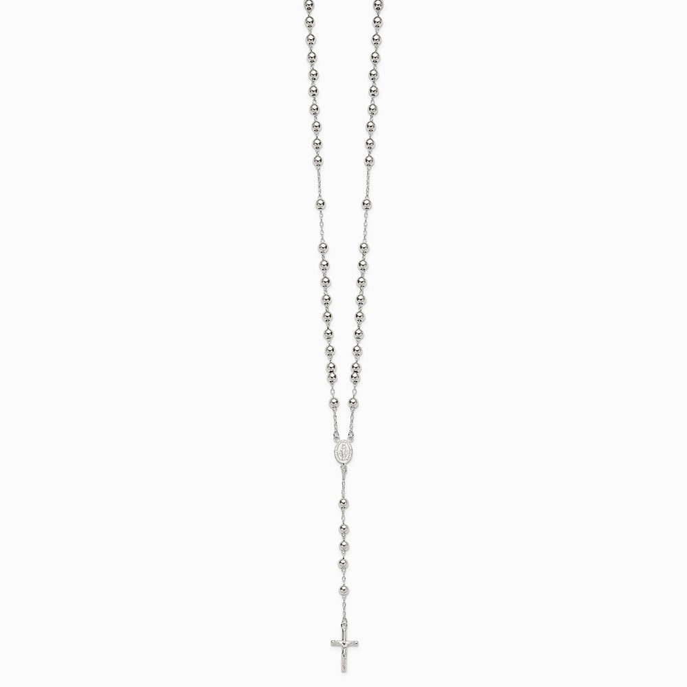 Sterling Silver Polished and Beaded Rosary Necklace - Product Photo