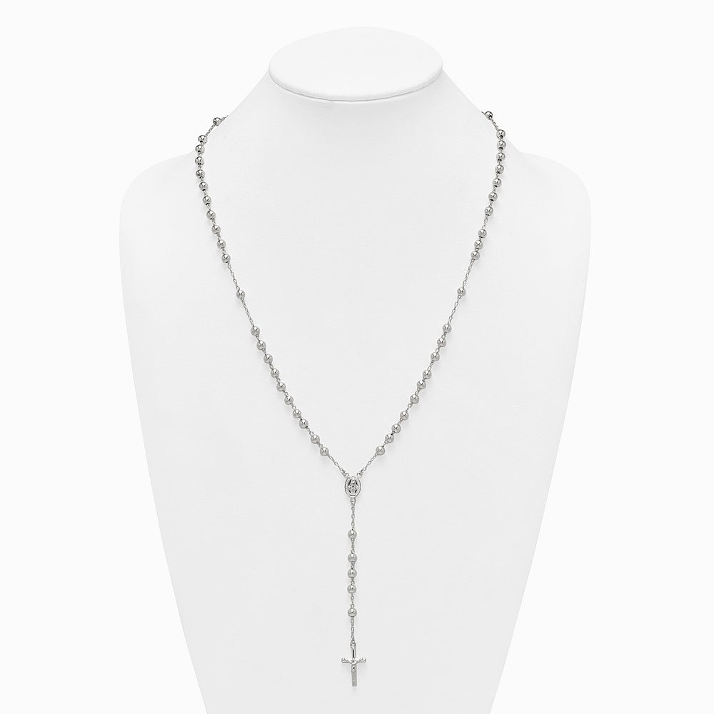 Sterling Silver Polished and Beaded Rosary Necklace - Product Photo