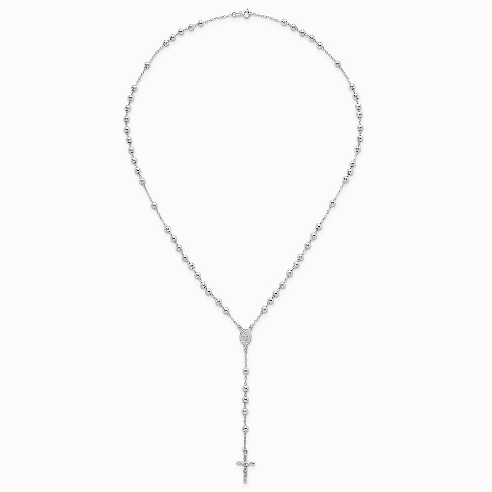 Sterling Silver Polished and Beaded Rosary Necklace - Product Photo