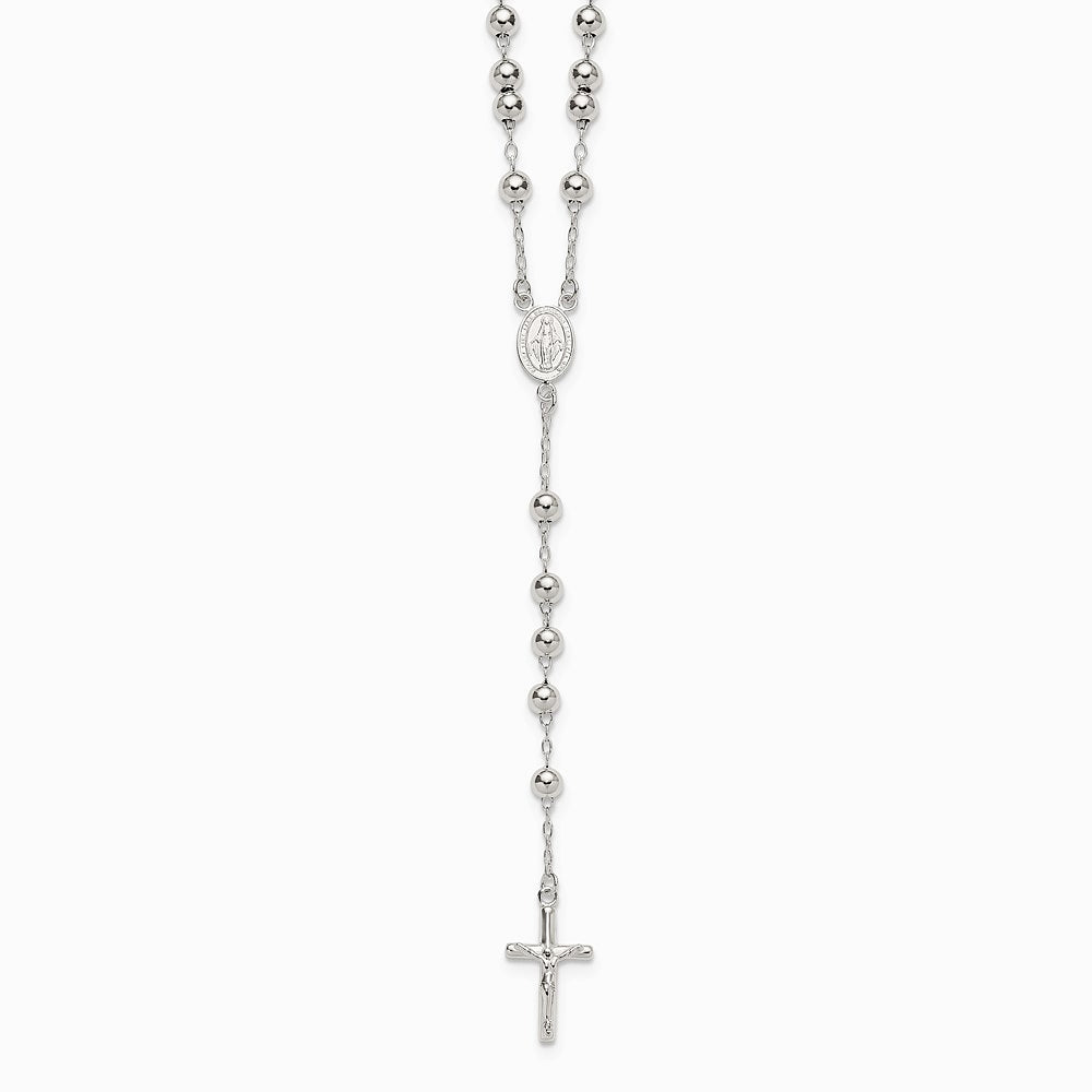 Sterling Silver Polished and Beaded Rosary Necklace - Product Photo