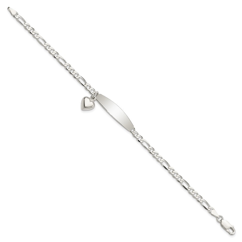 Sterling Silver Polished Figaro ID Heart Dangle Bracelet - Product Photo
