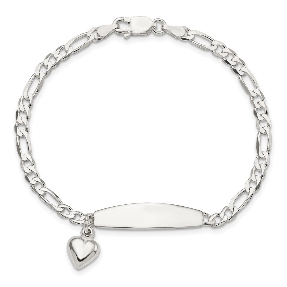 Sterling Silver Polished Figaro ID Heart Dangle Bracelet - Product Photo