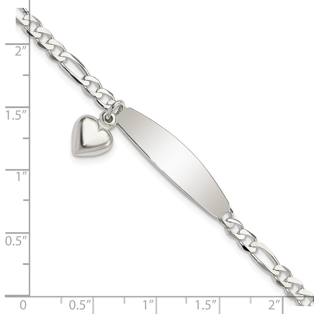 Sterling Silver Polished Figaro ID Heart Dangle Bracelet - Product Photo