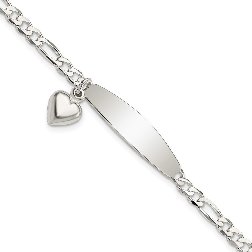 Sterling Silver Polished Figaro ID Heart Dangle Bracelet - Product Photo