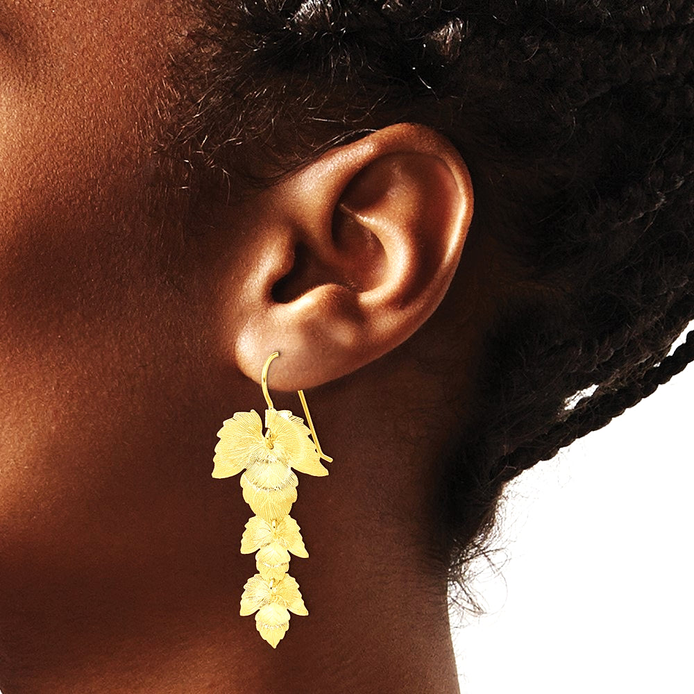 Sterling Silver Gold-plated Etched Leaves Dangle Earrings - Product Photo