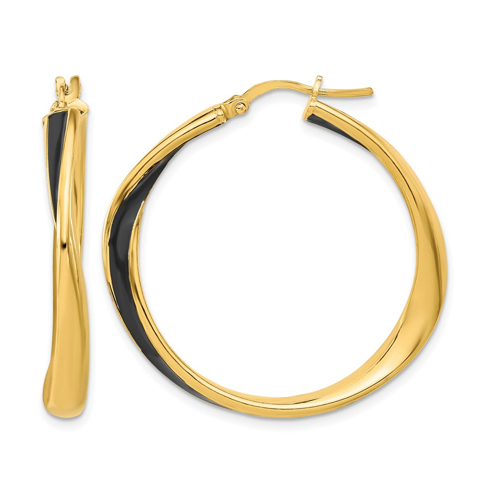 Sterling Silver Gold-tone with Black Enamel Hoop Earrings