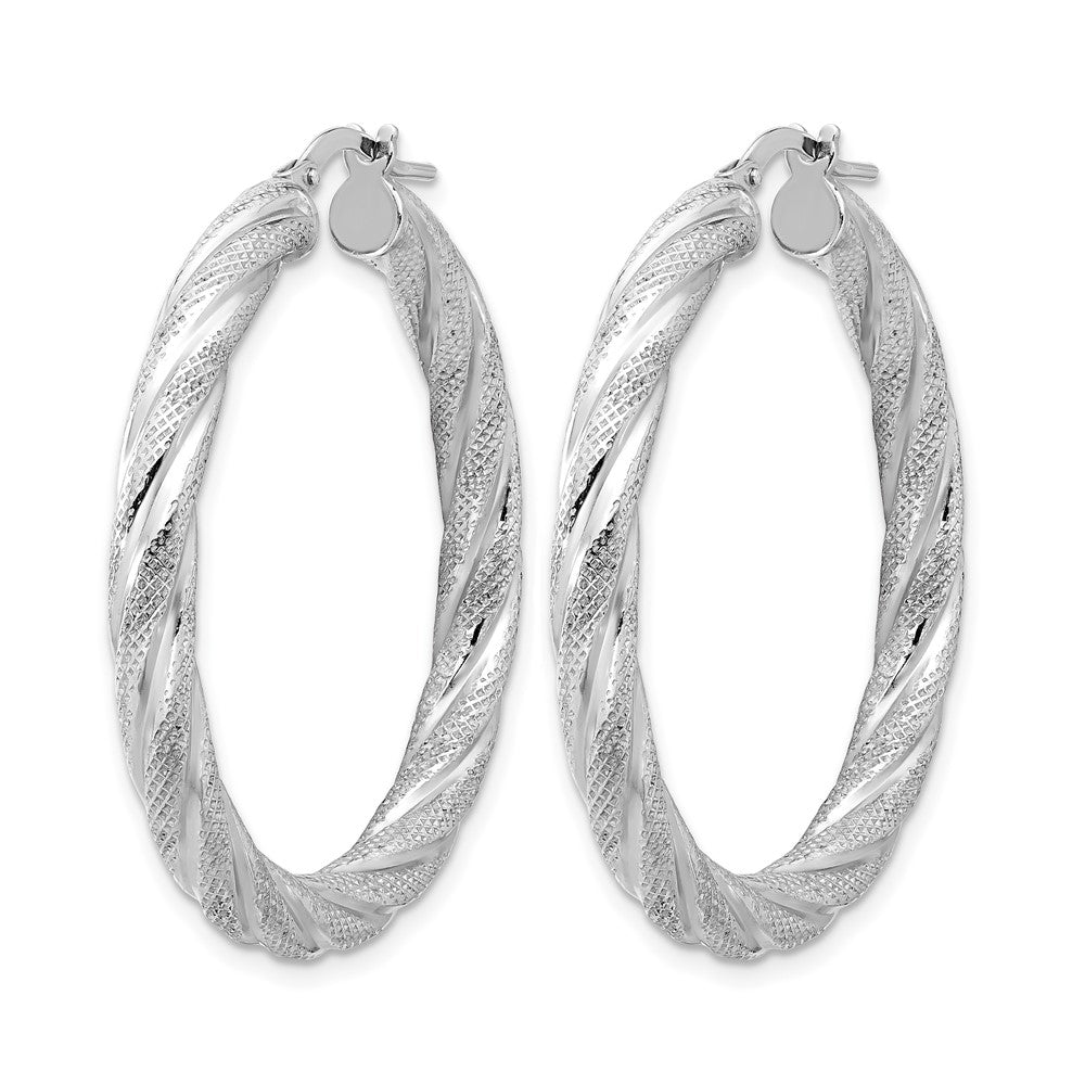 Sterling Silver Rh-plated Polished and Textured Round Hoops - Product Photo