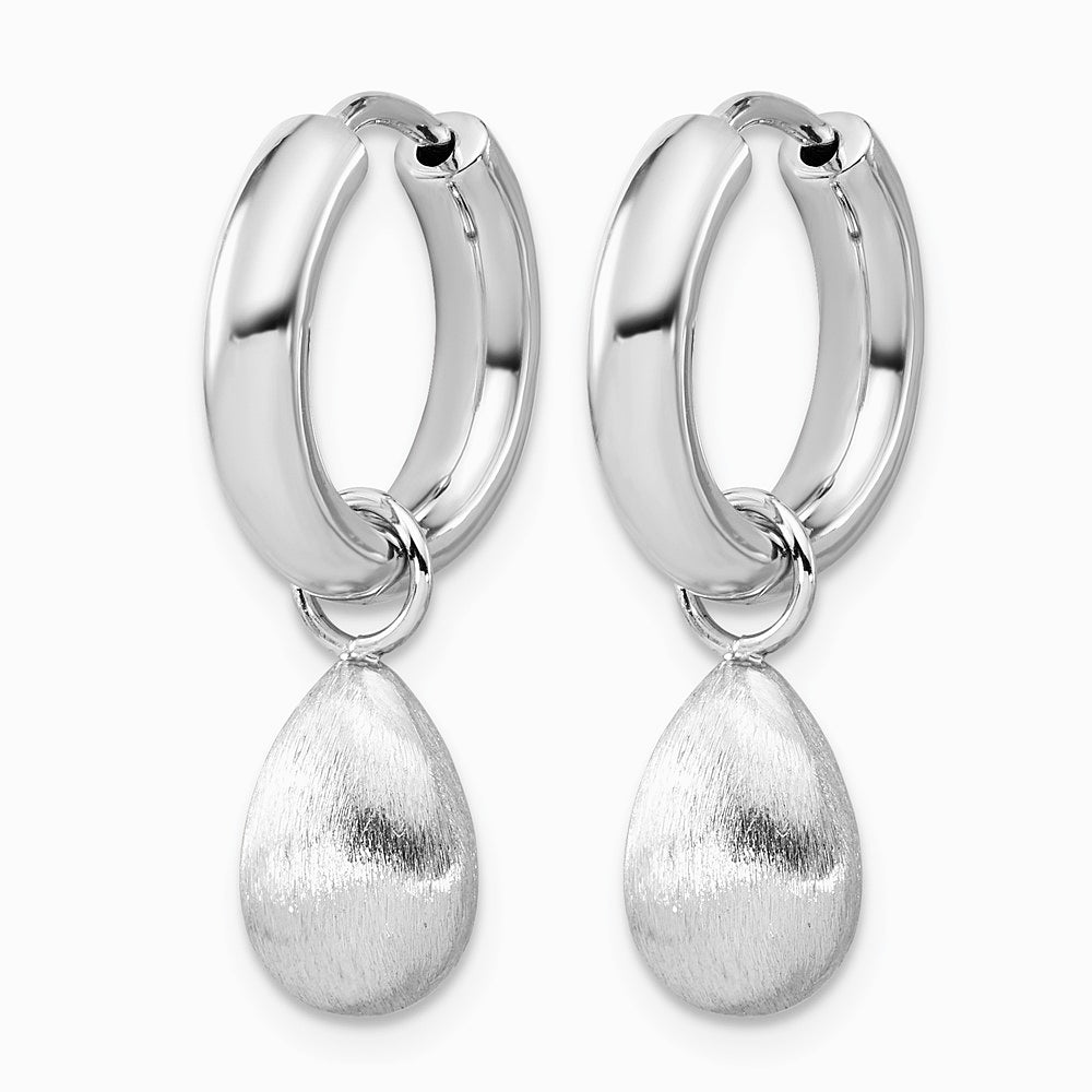 Sterling Silver RH-plat Polish/Brushed Teardrop Huggie Hoop Earrings - Product Photo