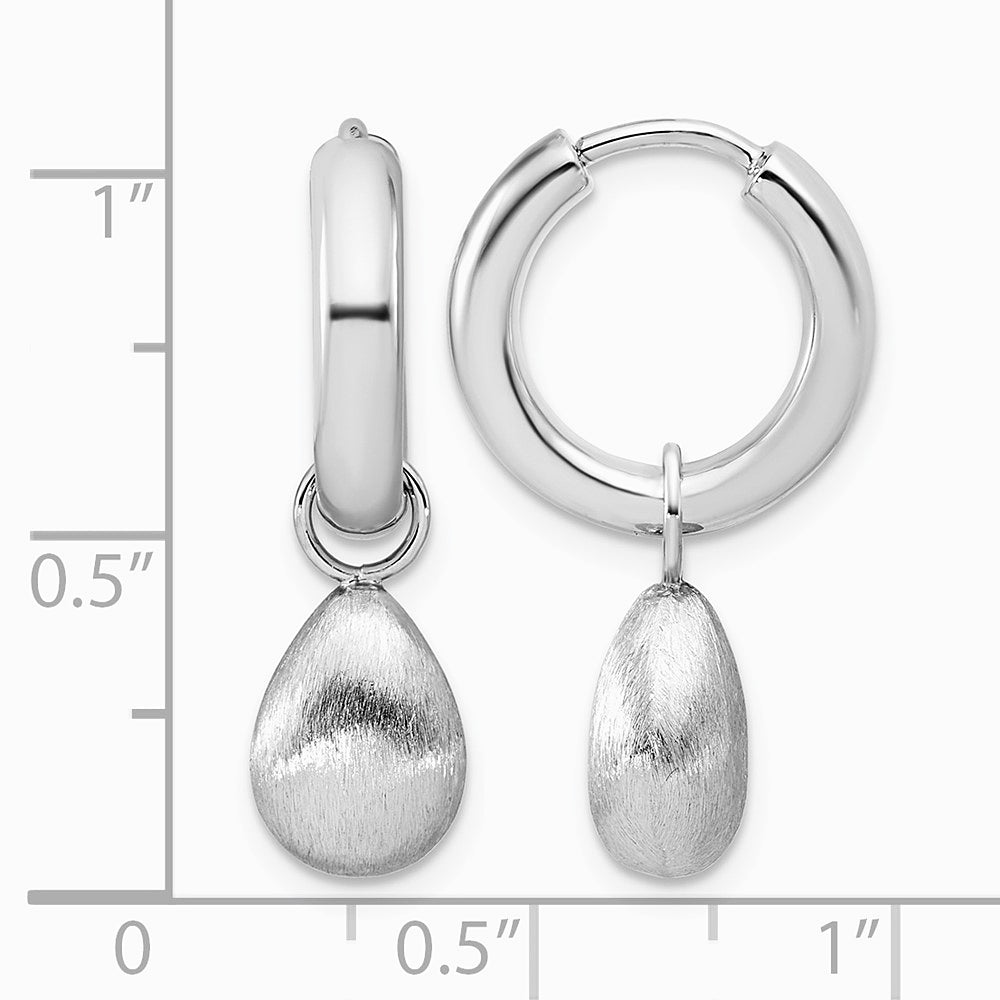 Sterling Silver RH-plat Polish/Brushed Teardrop Huggie Hoop Earrings - Product Photo