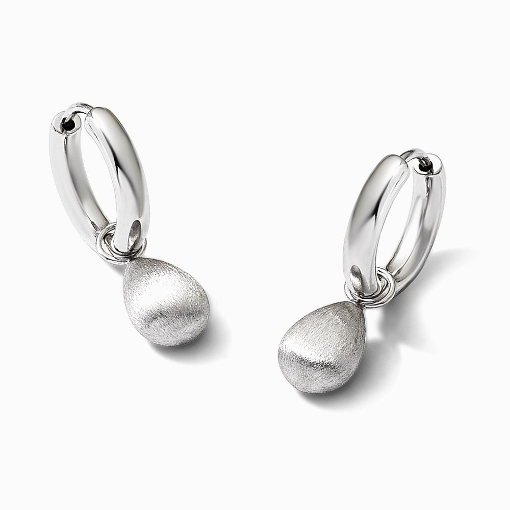 Sterling Silver RH-plat Polish/Brushed Teardrop Huggie Hoop Earrings - Product Photo