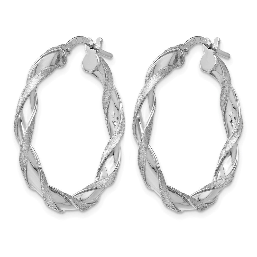 Sterling Silver RH-plated Polished/Scratch-finish Twisted Hoop Earrings