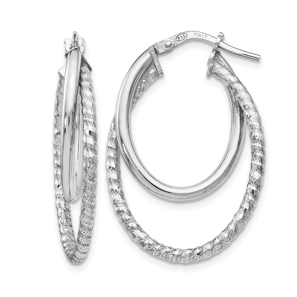Sterling Silver RH-plated Polished Diamond-Cut Oval Hoop Earrings
