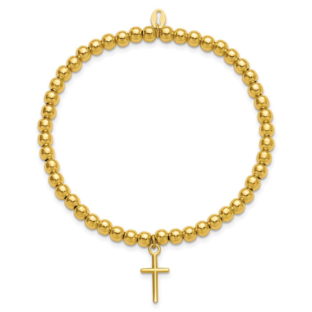 Leslie's Sterling Silver Gold-tone Pol. Cross Beaded Stretch Bracelet - Product Photo