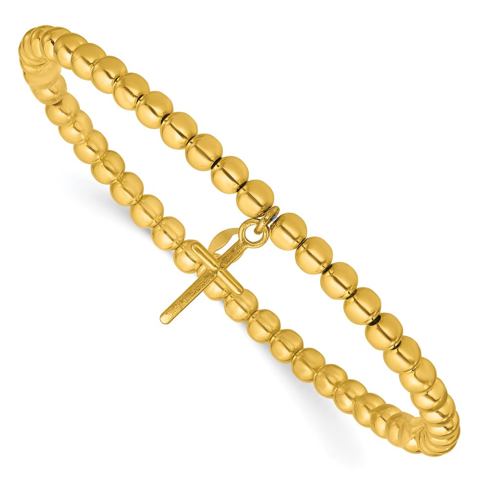 Sterling Silver Gold-tone Polished Cross Beaded Stretch Bracelet
