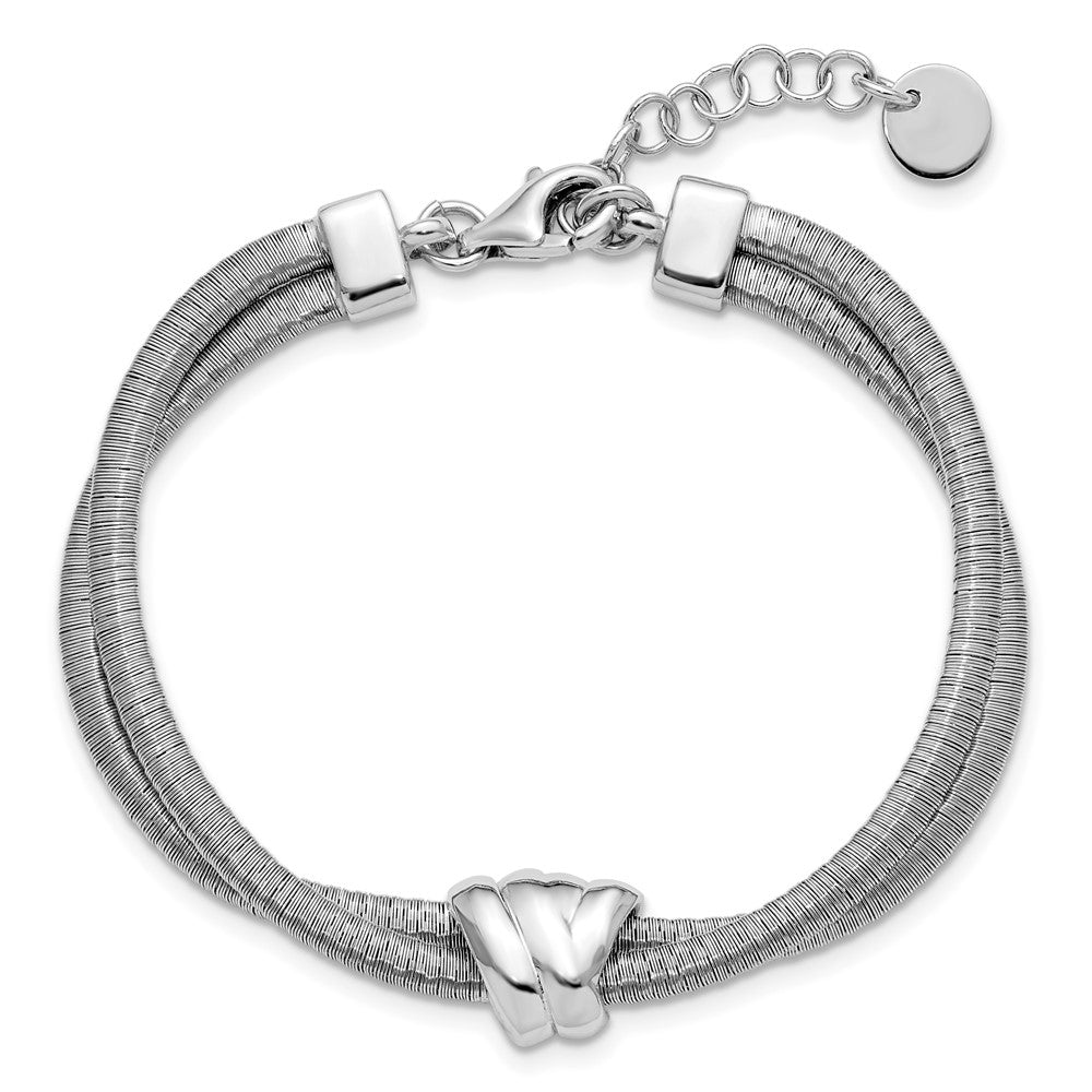 Leslie's SS Rh-plt Polished/Textured 2 Strand Wrapped Knot w/1in ext. Brace - Product Photo