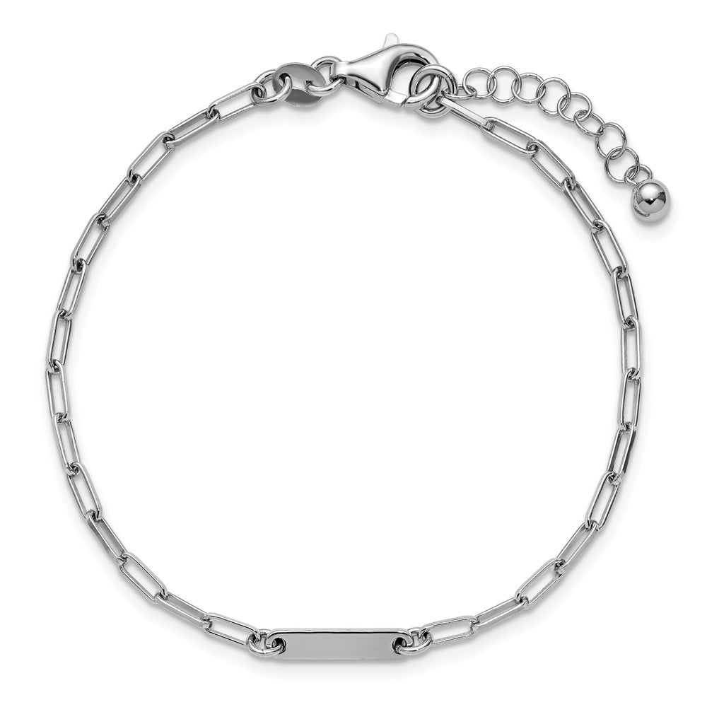 Sterling Silver RH-plated Polished Paperclip Bar w/ 1in ext. Bracelet