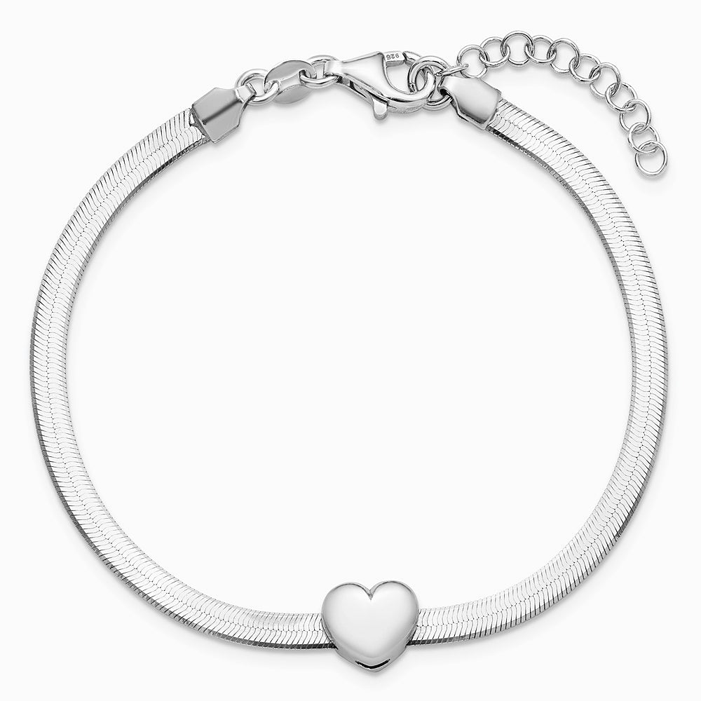 Sterling Silver RH-plated Polished Heart Herringbone w/ 1in ext. B - Product Photo