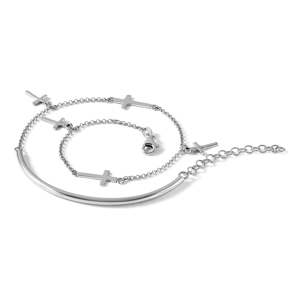 Leslie's Sterling Silver RH-plt Polished Crosses w/2in ext. Wrap Bracelet - Product Photo