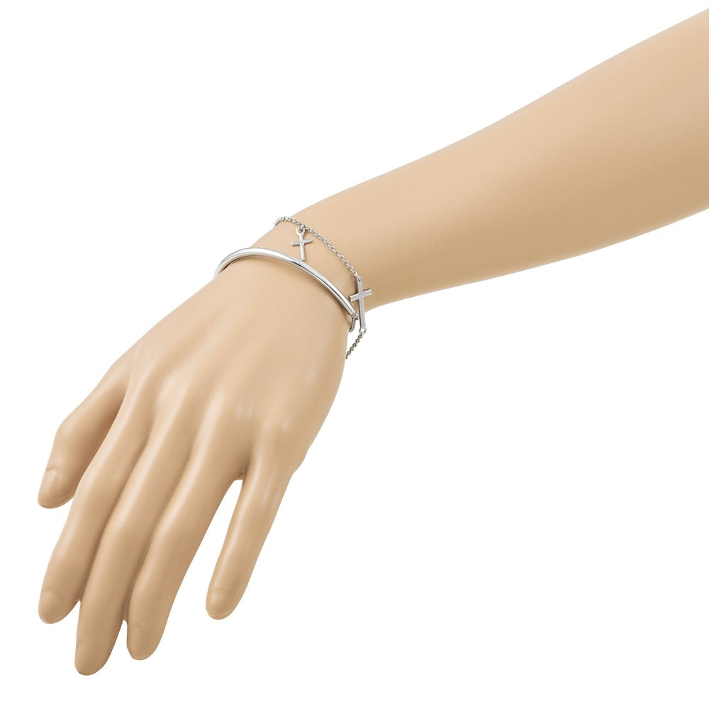 Leslie's Sterling Silver RH-plt Polished Crosses w/2in ext. Wrap Bracelet - Product Photo