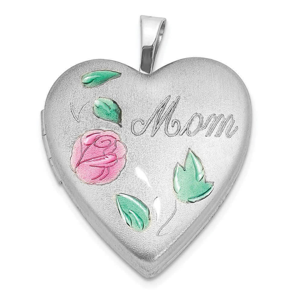 Sterling Silver Rhodium-plated Enameled Flower w/ Mom 20mm Heart Locket - Product Photo
