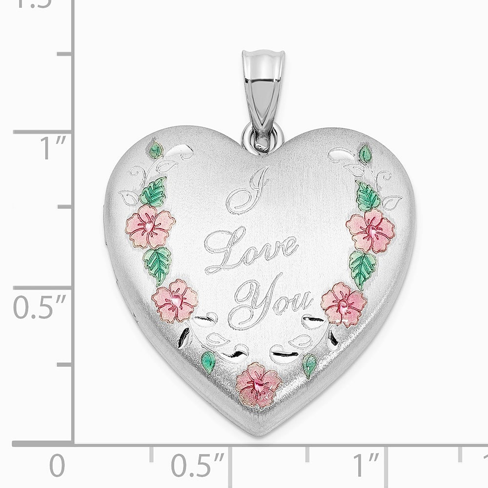 Sterling Silver Rh-plated Satin Epoxy I Love You Floral 24mm Heart Locket - Product Photo