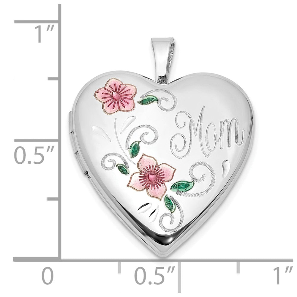 Sterling Silver Rhodium-plated Epoxy 20mm Floral Mom Heart Locket - Product Photo
