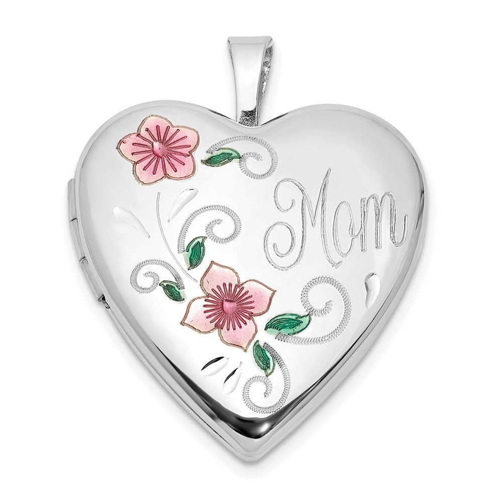 Sterling Silver Rhodium-plated Epoxy 20mm Floral Mom Heart Locket - Product Photo