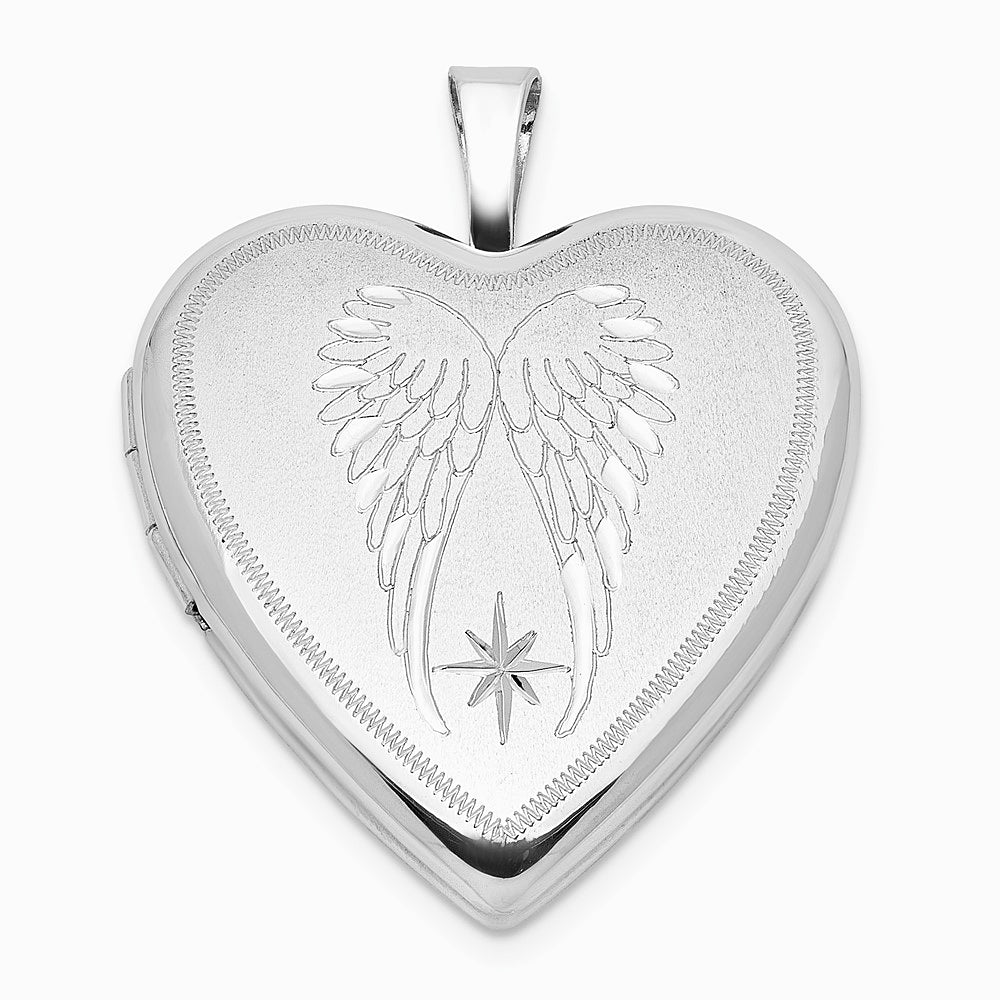Sterling Silver RH-plated Satin/Polished Angel Wings 20mm Heart Locket - Product Photo