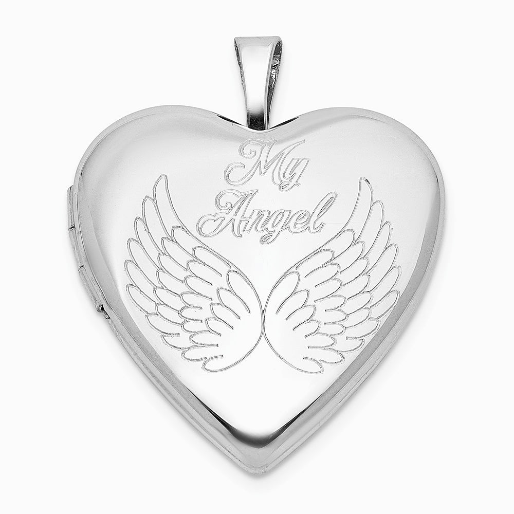 Sterling Silver Rhodium-plated MY ANGEL Angel Wings 20mm Heart Locket