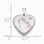 Sterling Silver RH-plated Epoxy Satin Polished Unicorn 16mm Heart Locket - Product Photo