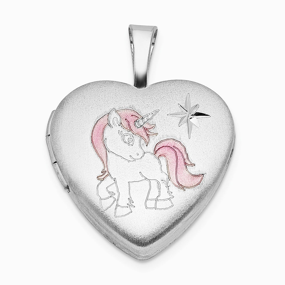 Sterling Silver RH-plated Epoxy Satin Polished Unicorn 16mm Heart Locket - Product Photo