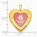 Sterling Silver Gold-Pl. Brushed / Pol. Pink Angel Resin Cameo 20mm Heart Locket - Product Photo