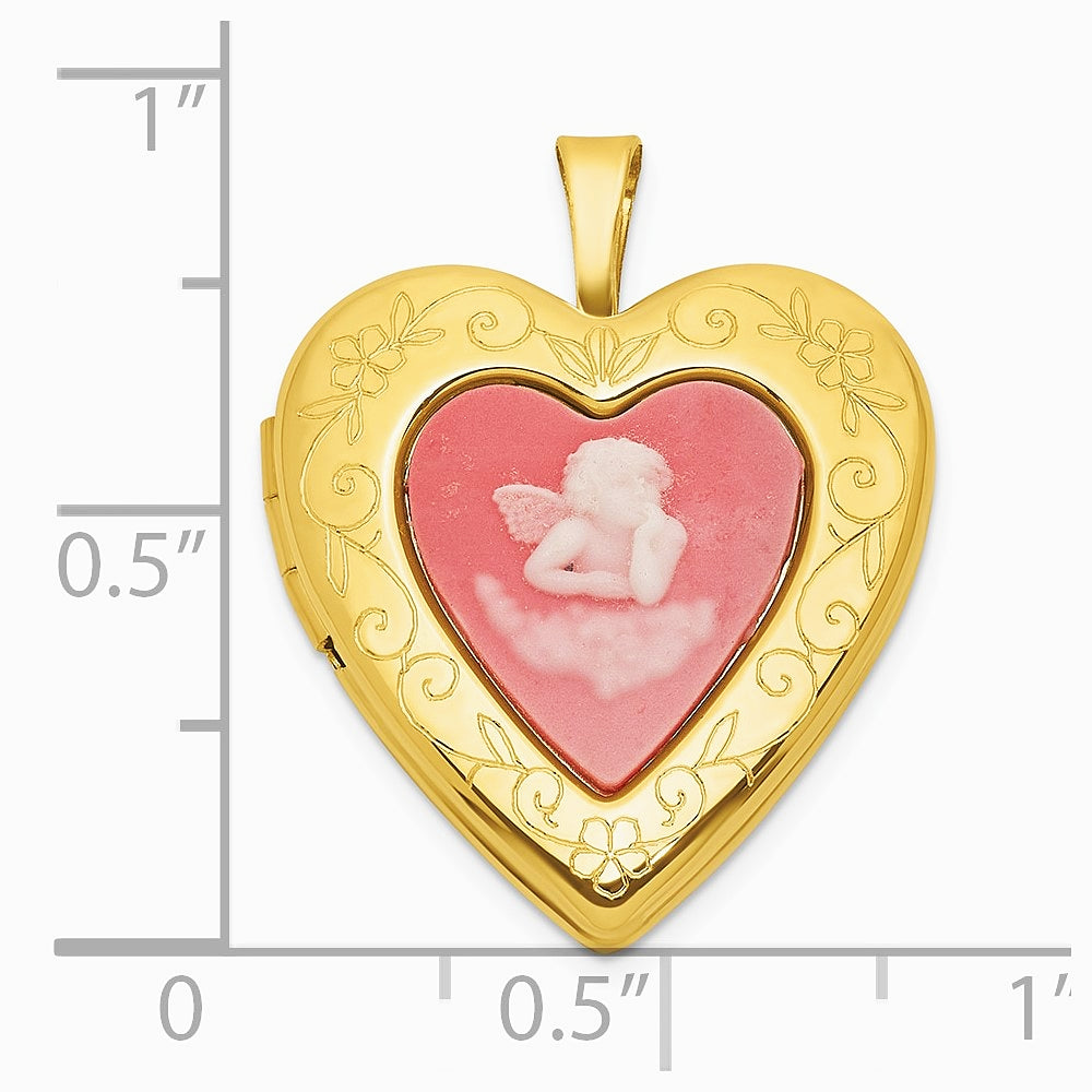 Sterling Silver Gold-Pl. Brushed / Pol. Pink Angel Resin Cameo 20mm Heart Locket - Product Photo