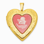 Sterling Silver Gold-Pl. Brushed / Pol. Pink Angel Resin Cameo 20mm Heart Locket - Product Photo