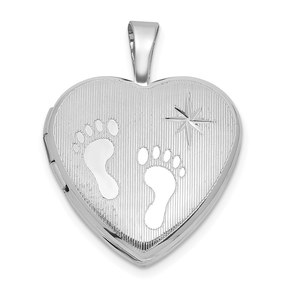 Sterling Silver RH-pl Brushed And Polished Footprints And Star 16mm Heart Locket - Product Photo