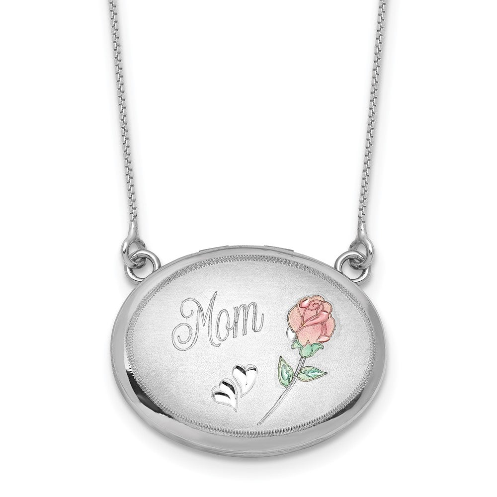 Sterling Silver RH-pl 20mm Oval Mom Epoxy Flower Locket with 2 in ext. Necklace