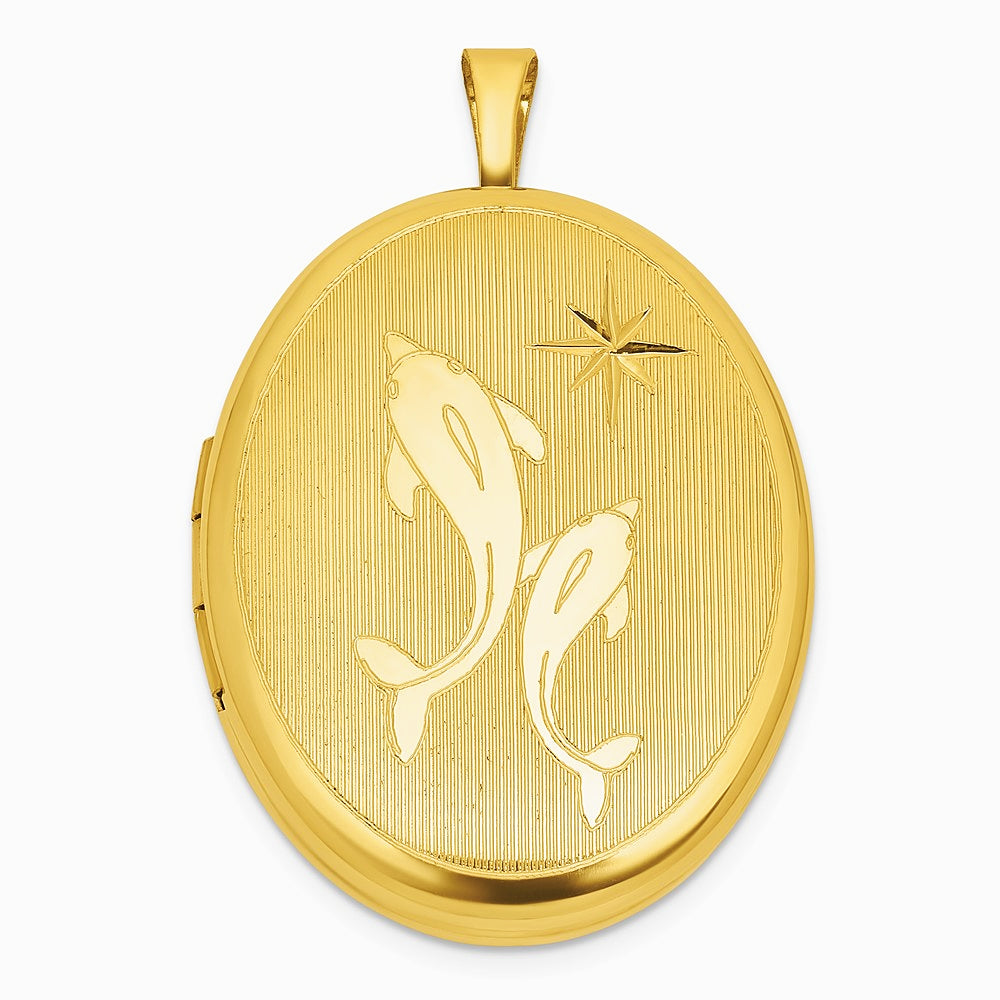 Sterling Silver Gold-plated Brushed And Polished Dolphin 20mm Oval Locket - Product Photo
