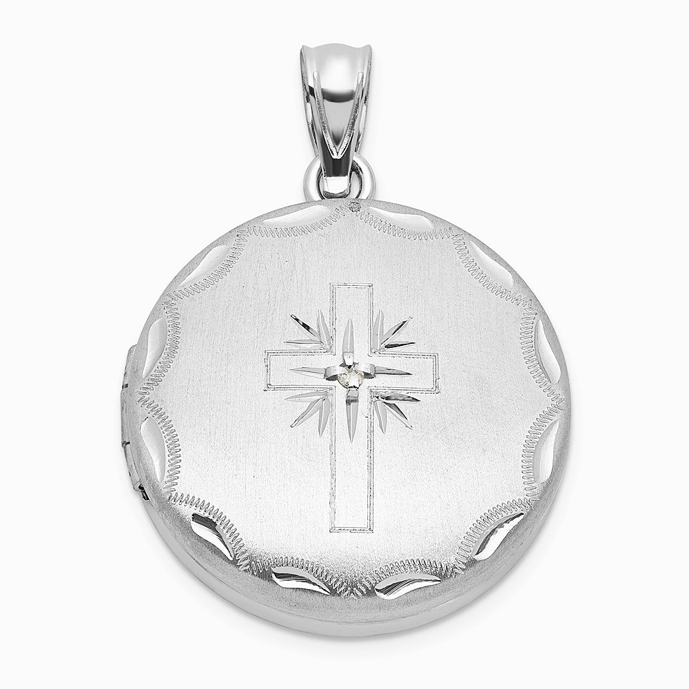 Sterling Silver RH-pl Brushed And Polished Diamond Cross 20mm Round Locket