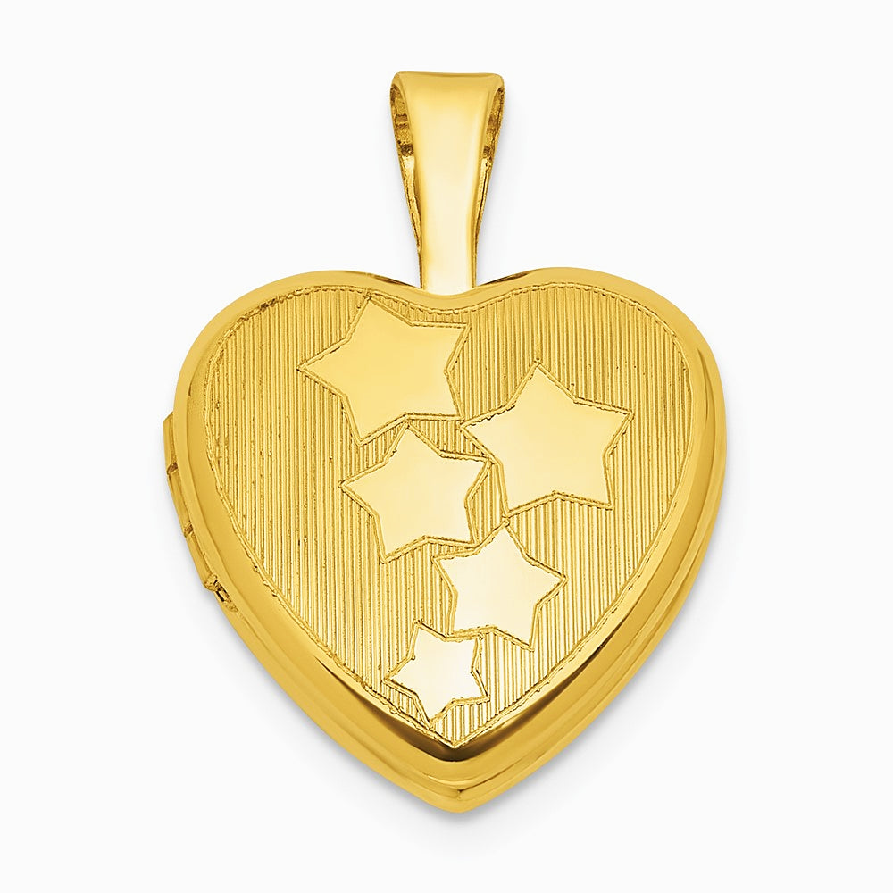 Sterling Silver Gold-plated Brushed And Polished Stars 12 mm Heart Locket - Product Photo