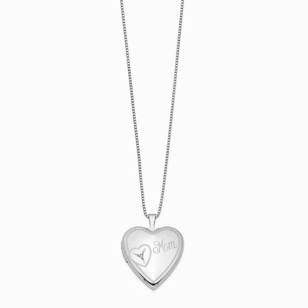 Sterling Silver Rhodium-plated 20mm Mom Diamond Heart Locket Necklace - Product Photo