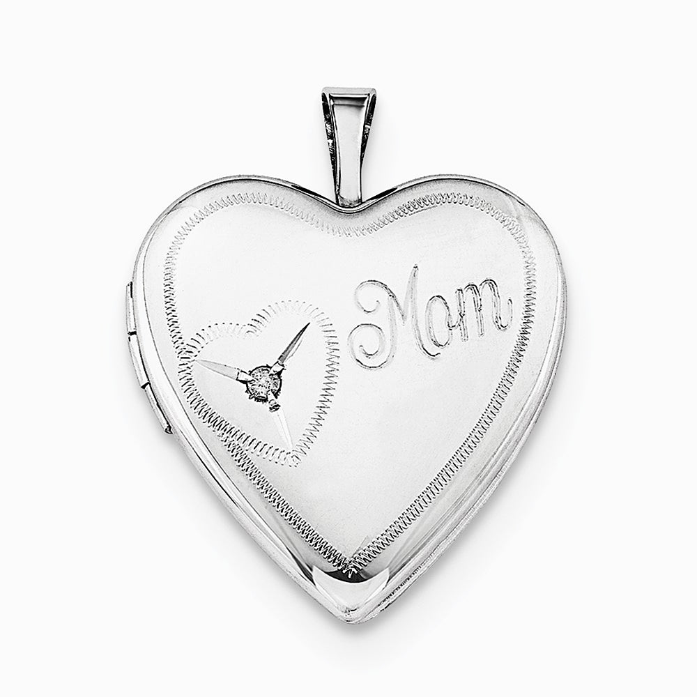 Sterling Silver Rhodium-plated 20mm Mom Diamond Heart Locket Necklace - Product Photo