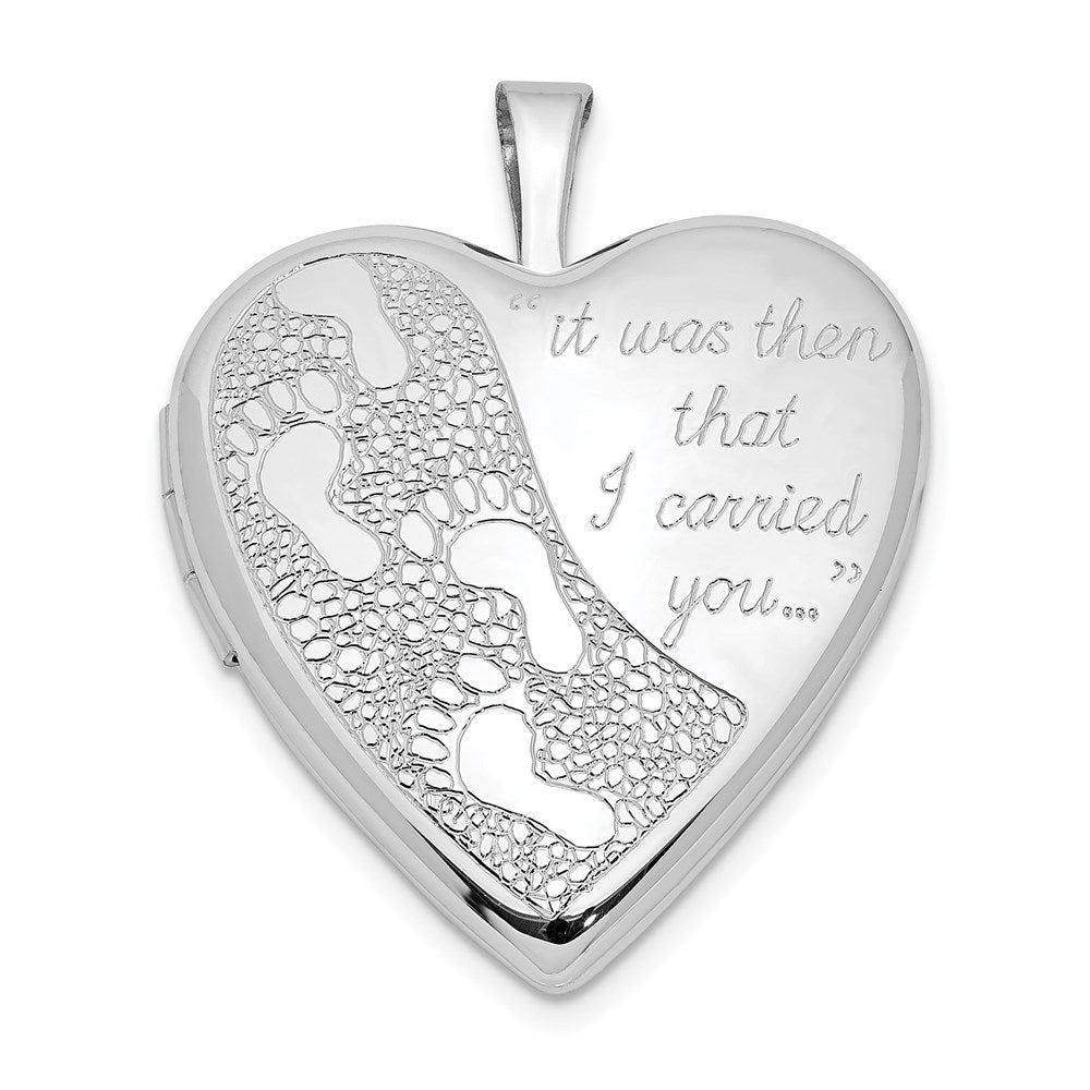 Sterling Silver Rhodium-plated 20mm Footprints Heart Locket - Product Photo