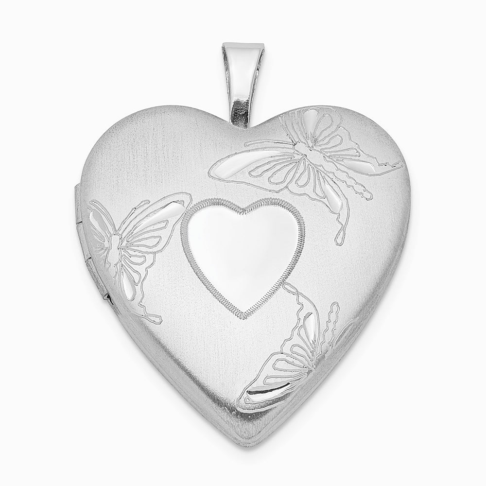 Sterling Silver RH-plated 20mm Satin/Pol. Diamond-Cut Butterfly Heart Locket - Product Photo