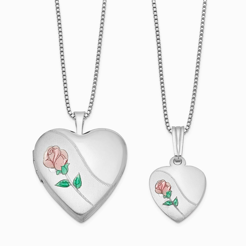 Sterling Silver Rhodium-plated Polished & Satin Rose Heart Locket & Pendant - Product Photo