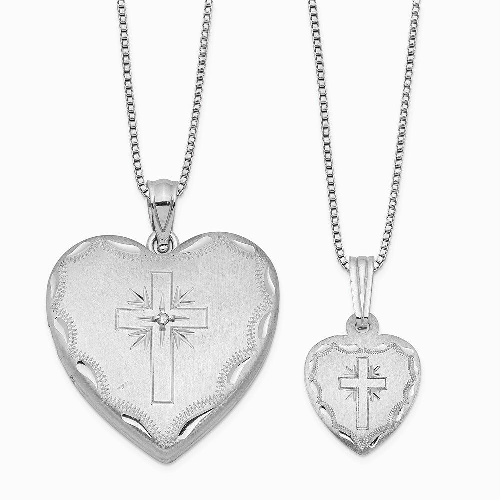 Sterling Silver Rhodium-plated Diamond Cross Heart Locket & Pendant Set - Product Photo