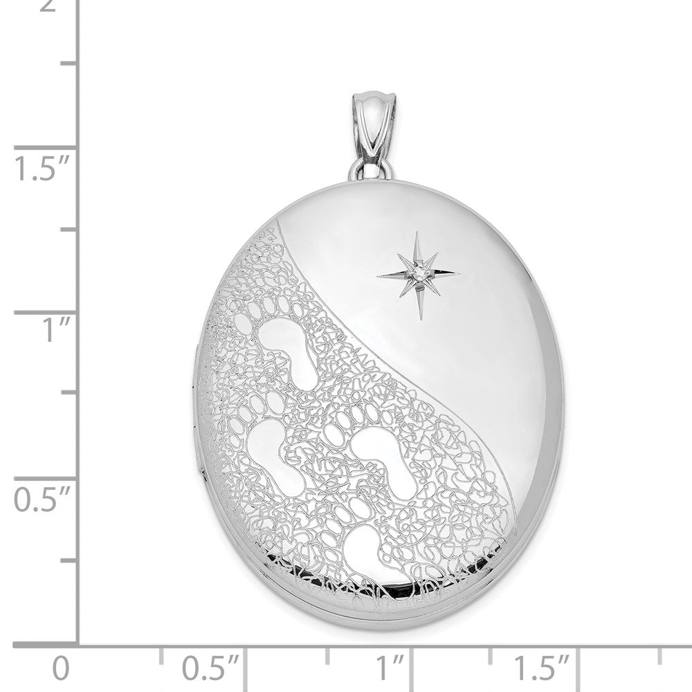 Sterling Silver Rhodium-plated & Diamond Footprints 34mm Oval Locket - Product Photo