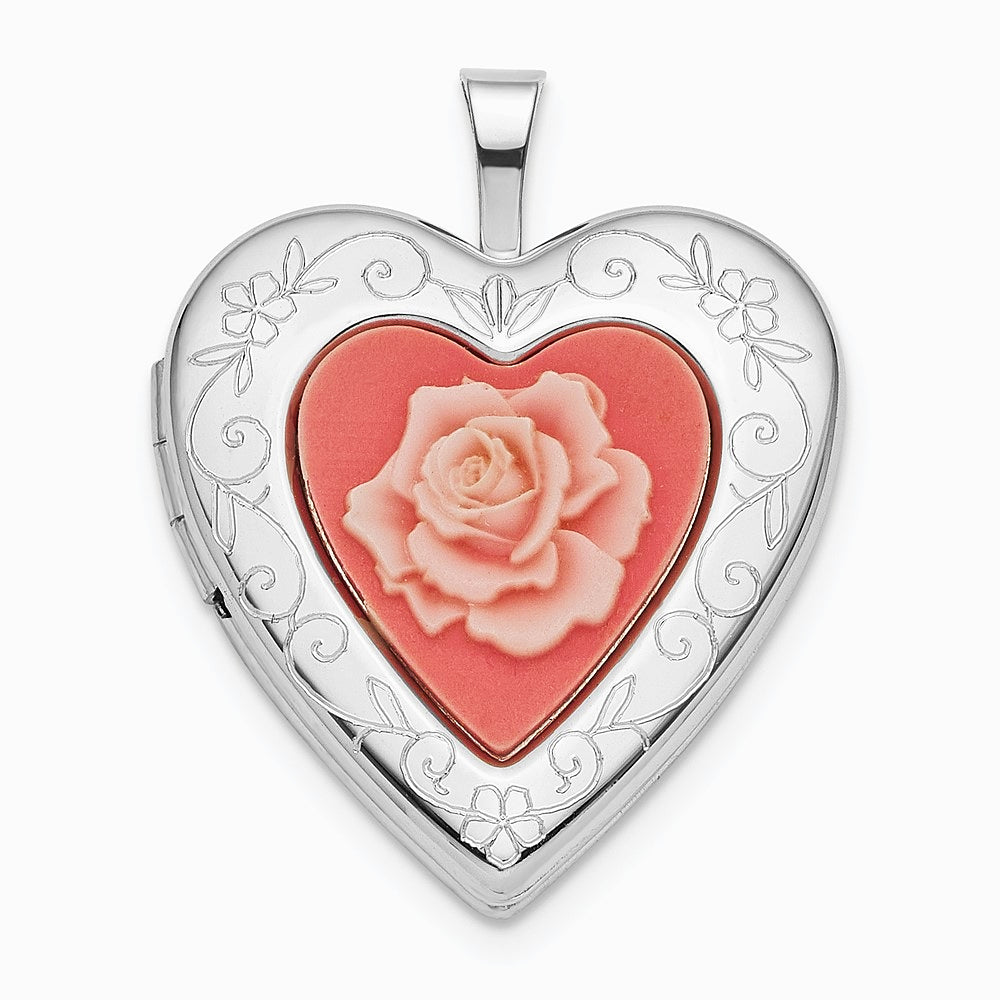 Sterling Silver Rhodium-pltd 20mm Pink Resin Rose Cameo Heart Locket