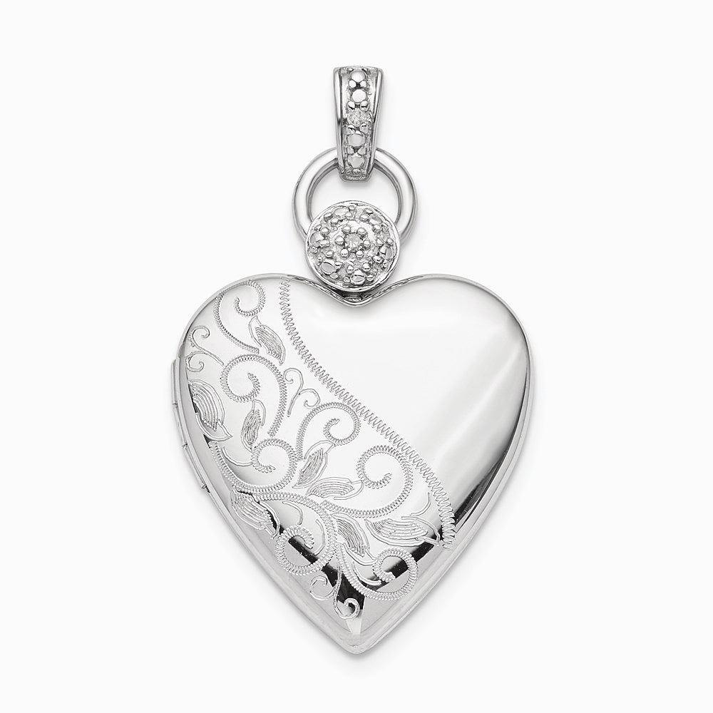 Sterling Silver Rhodium-plated 21mm Heart Dia. Accent Diamond-Cut Satin Locket - Product Photo