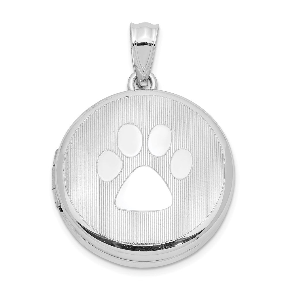 Sterling Silver Rhodium 20mm Grooved & Polished Pawprint Round Locket - Product Photo